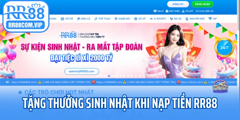 Tặng thưởng sinh nhật khi nạp tiền RR88